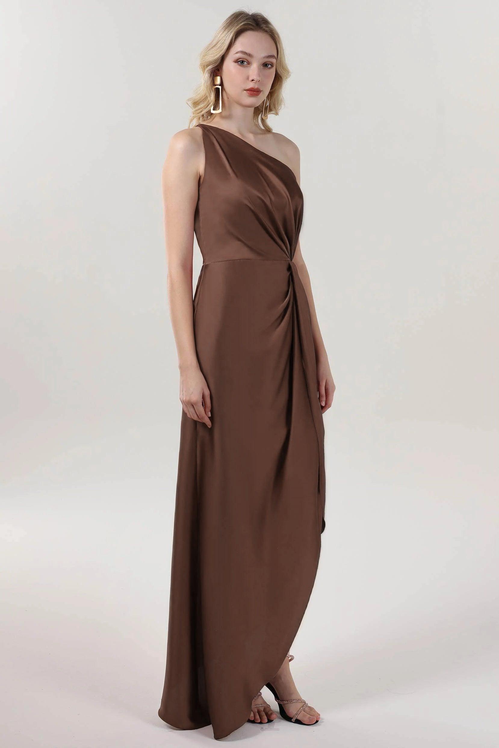 Sheath-Column Midi Luxe Satin Bridesmaid Dress CS0612BM - Bitter Chocolate - COCOMELODY